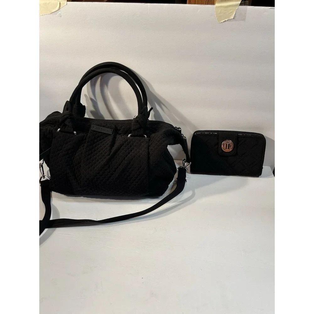 Vera Bradley Black Quilted Microfiber Satchel Crossbody Purse & Wallet Set